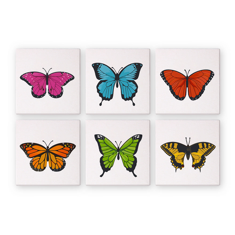 A set of six canvas paint-by-numbers kits with different colorful butterfly designs on each.