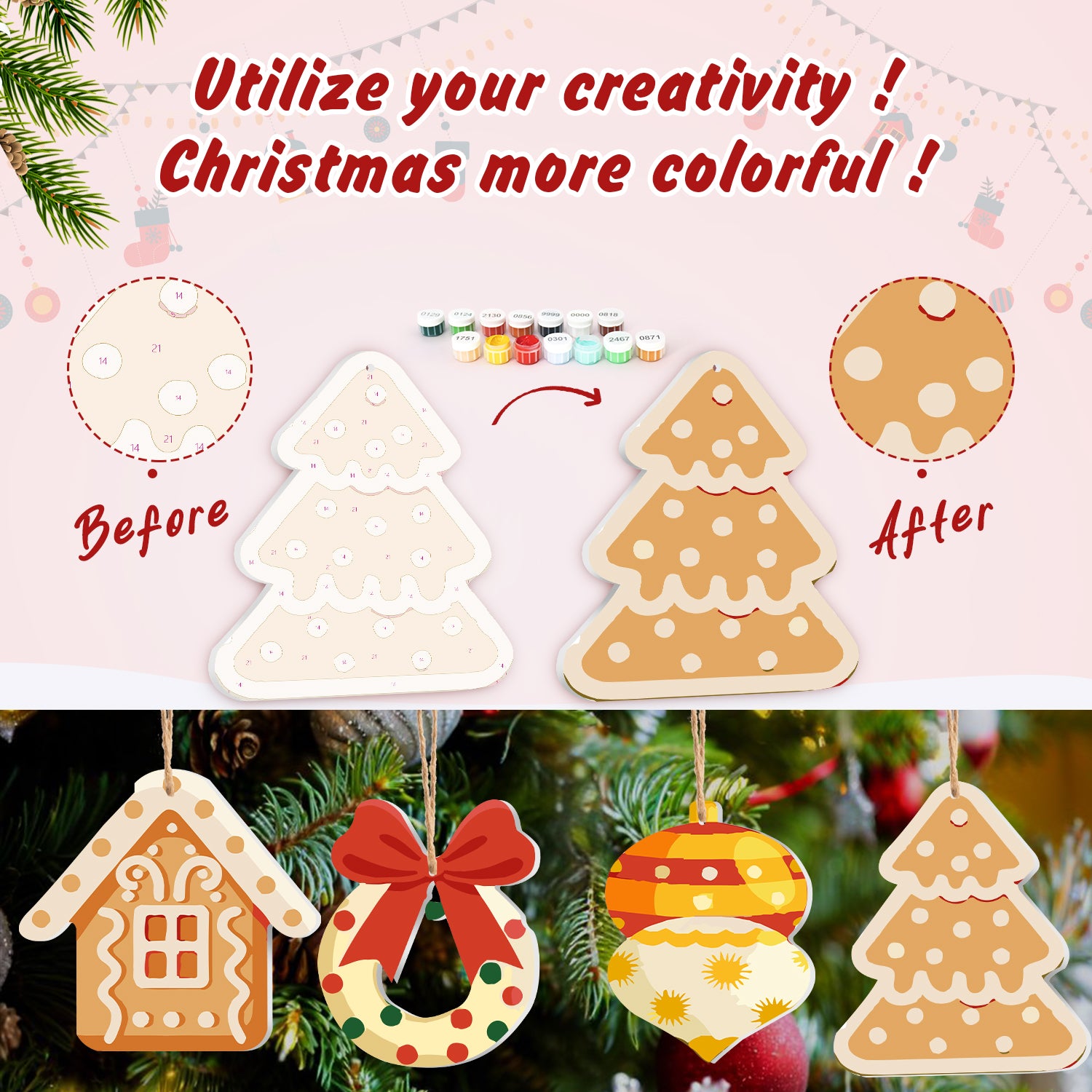 Dekorativer Weihnachtsschmuck vor und nach Farbwechsel mit Text „Nutzen Sie Ihre Kreativität!“ Weihnachten bunter!‘