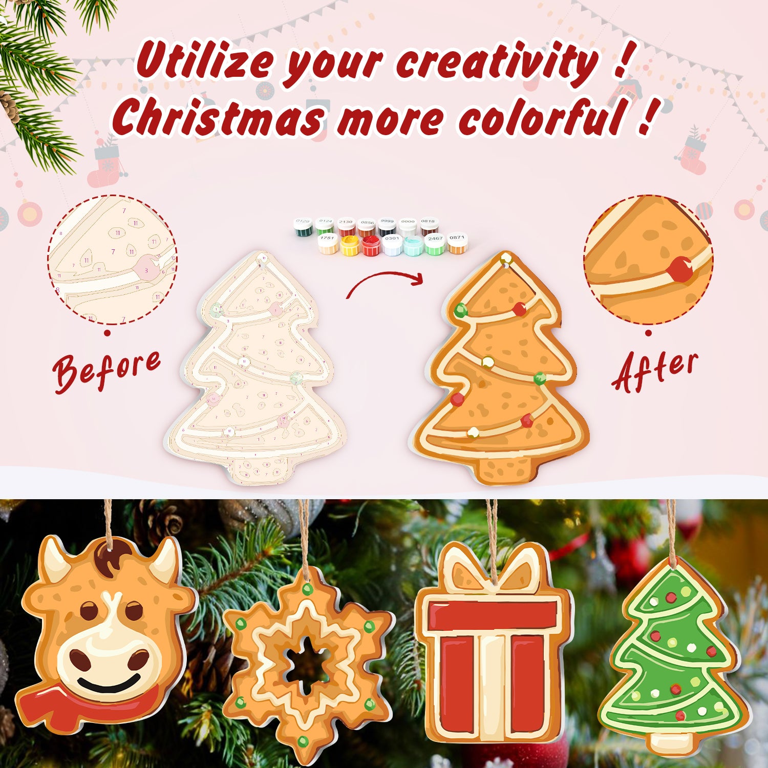 Decorative Christmas cookie cutters with before and after transformation on a festive background.