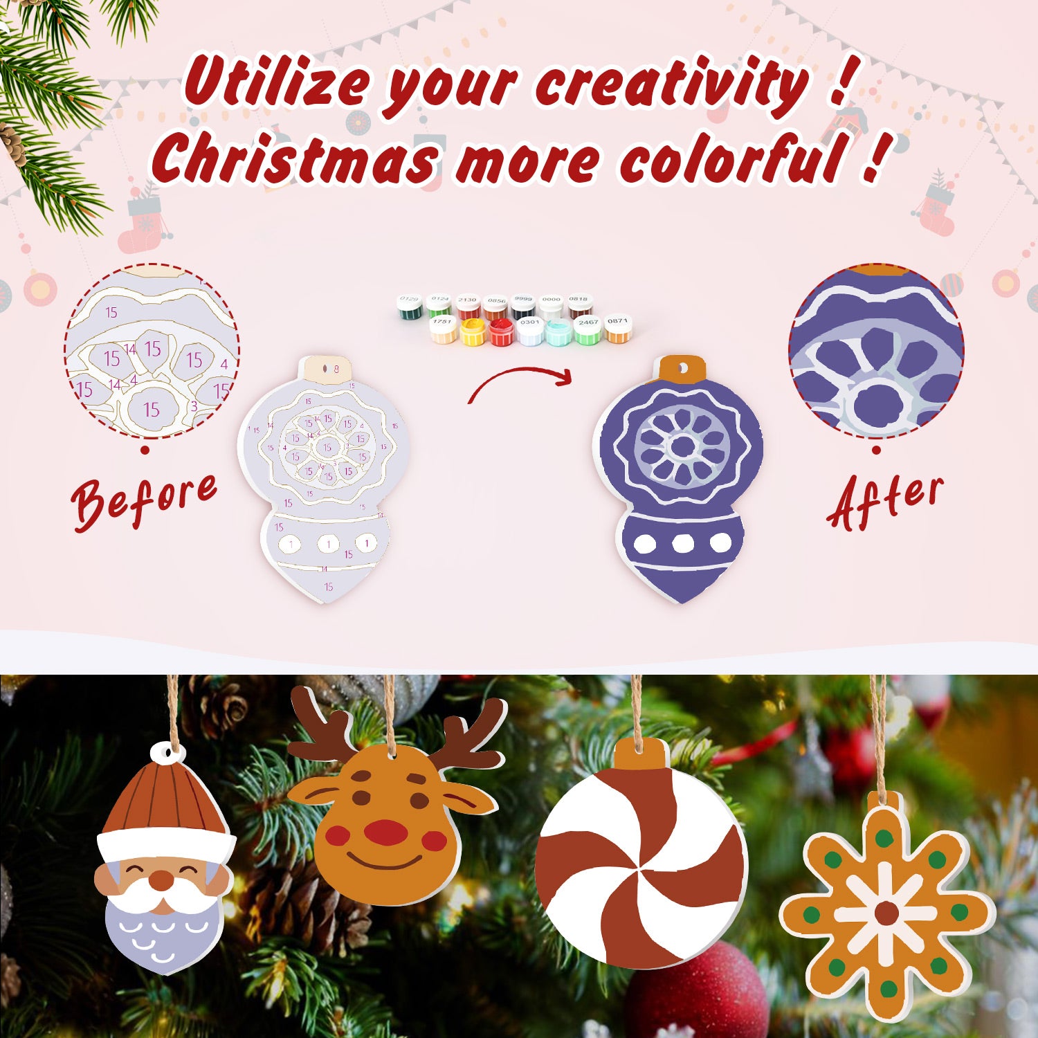 Decorative Christmas ornaments with before and after transformation on a festive background.
