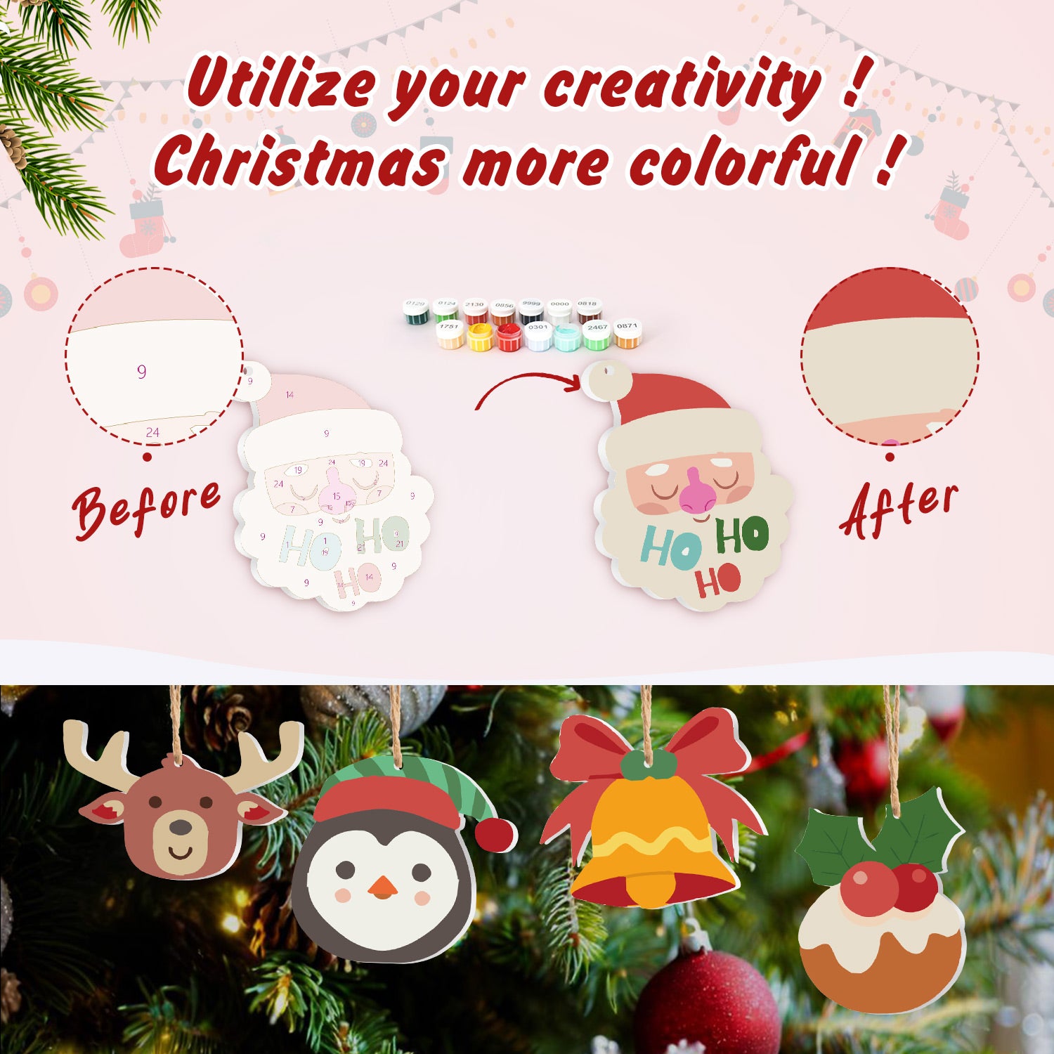 Before and after comparison of Christmas ornaments with text encouraging creativity.