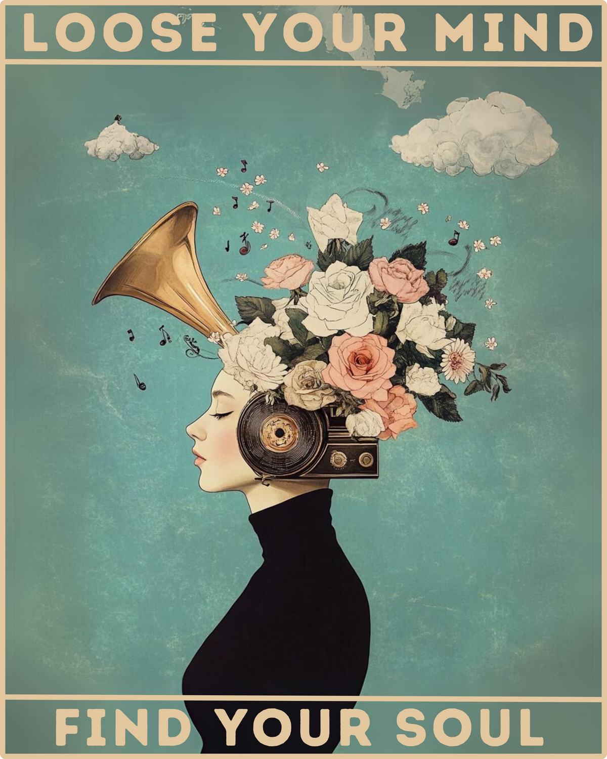 Ein Malen-nach-Zahlen-Set mit einem kreativen Design des Profils einer Frau voller blühender Blumen, begleitet von Musiknoten und dem Text „Loose Your Mind, Find Your Soul“.