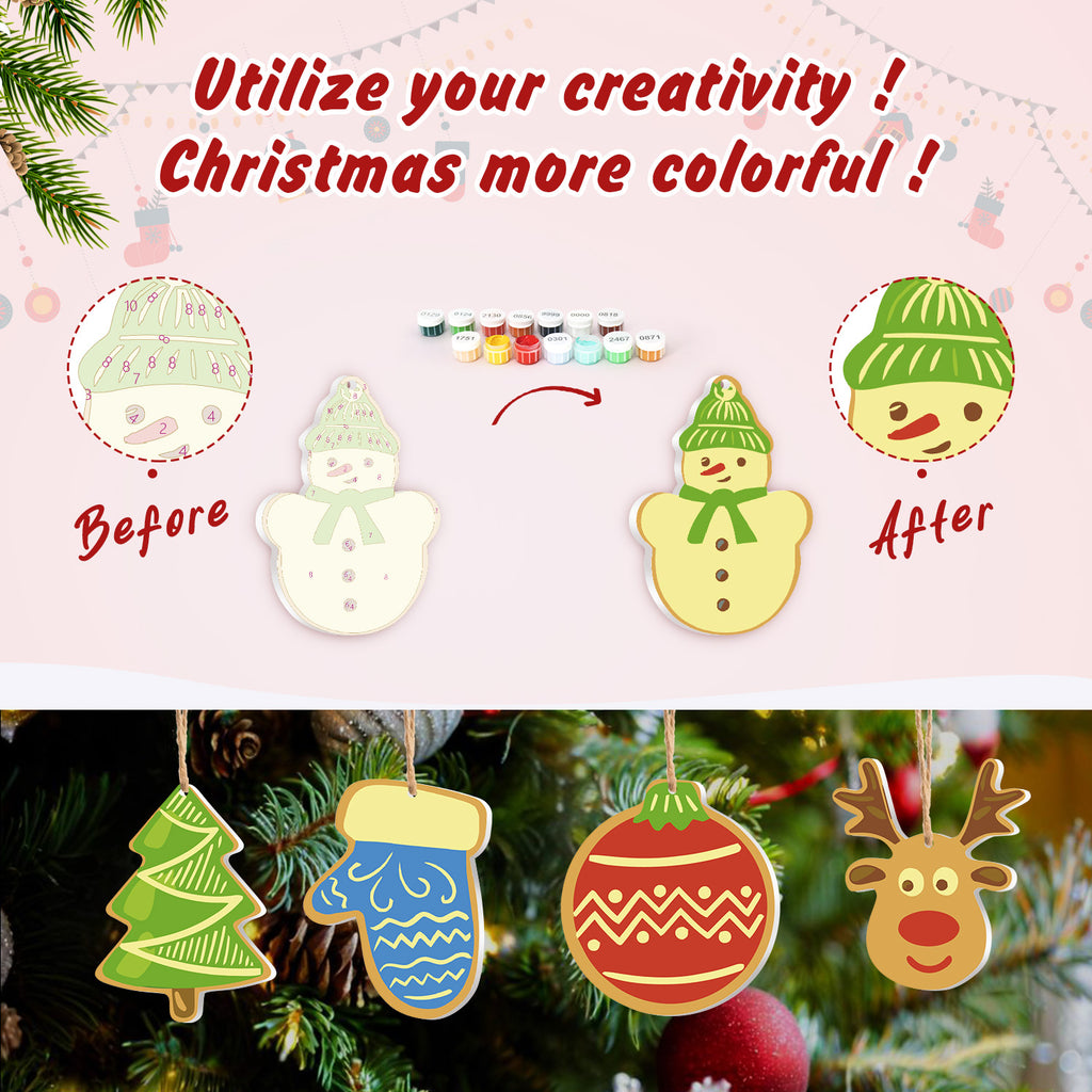 Before and after comparison of Christmas ornaments with colorful paint options on a festive background.