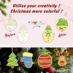 Before and after comparison of Christmas ornaments with colorful paint options on a festive background.
