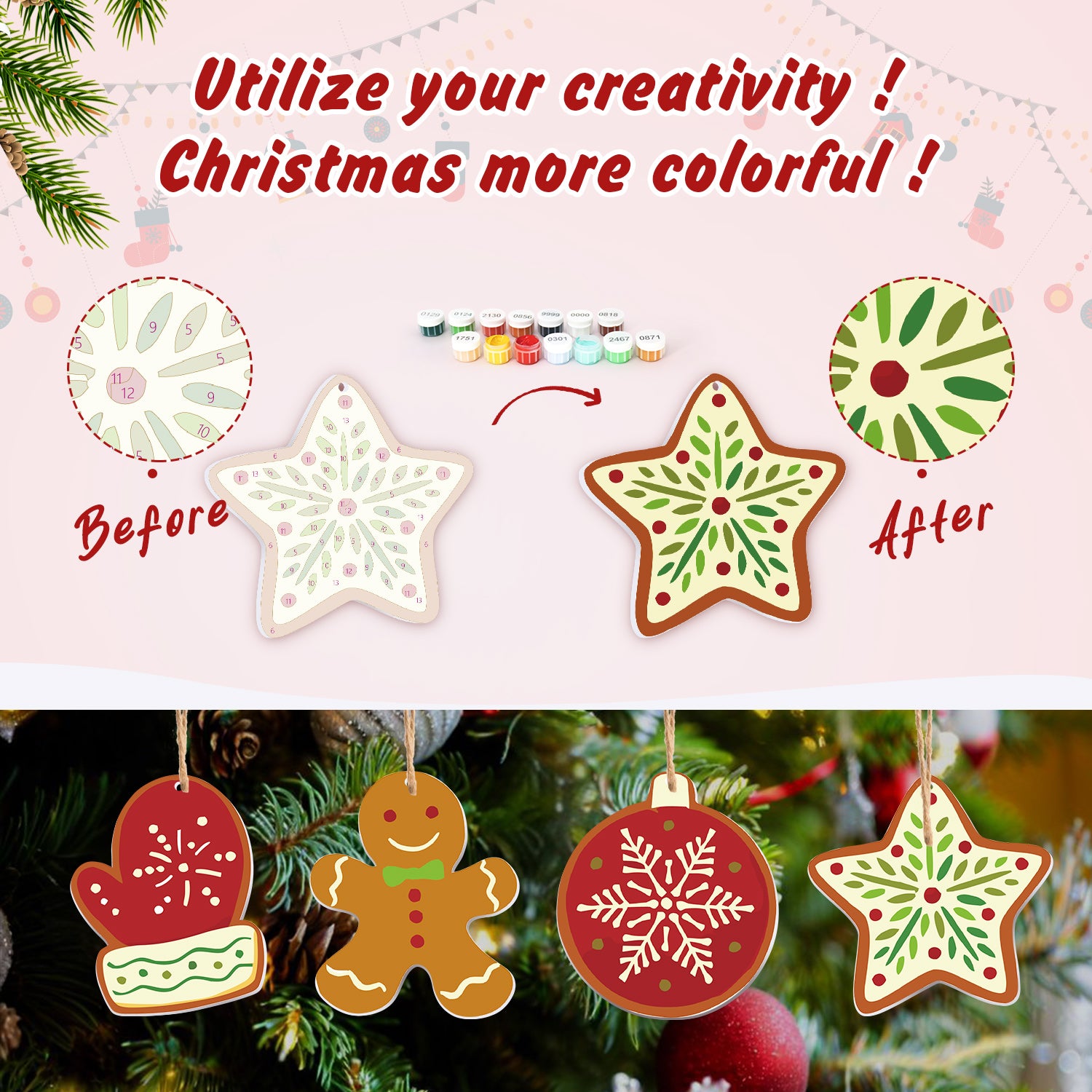 Before and after Christmas ornament decoration with colorful paint bottles and tree decorations.