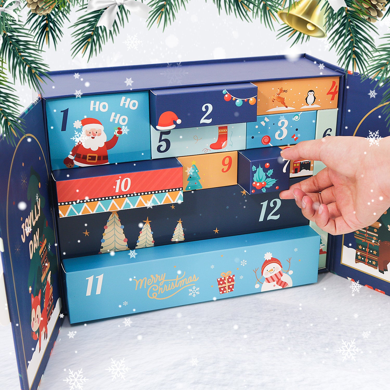Advent calendar with colorful designs and numbers, held by a hand against a festive background.