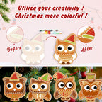 Before and after transformation of a plain owl ornament with colorful paint samples and Christmas tree background.