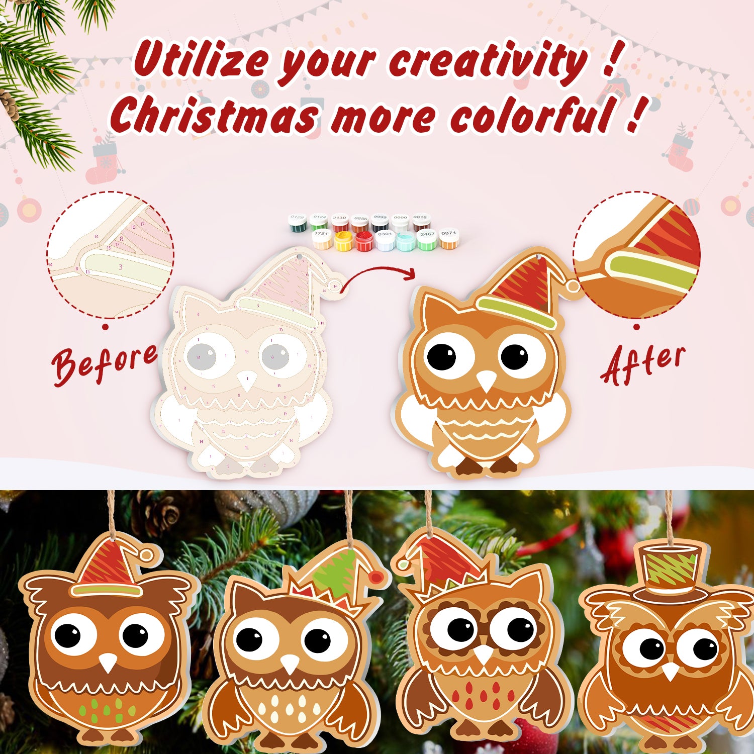Before and after transformation of a plain owl ornament with colorful paint samples and Christmas tree background.