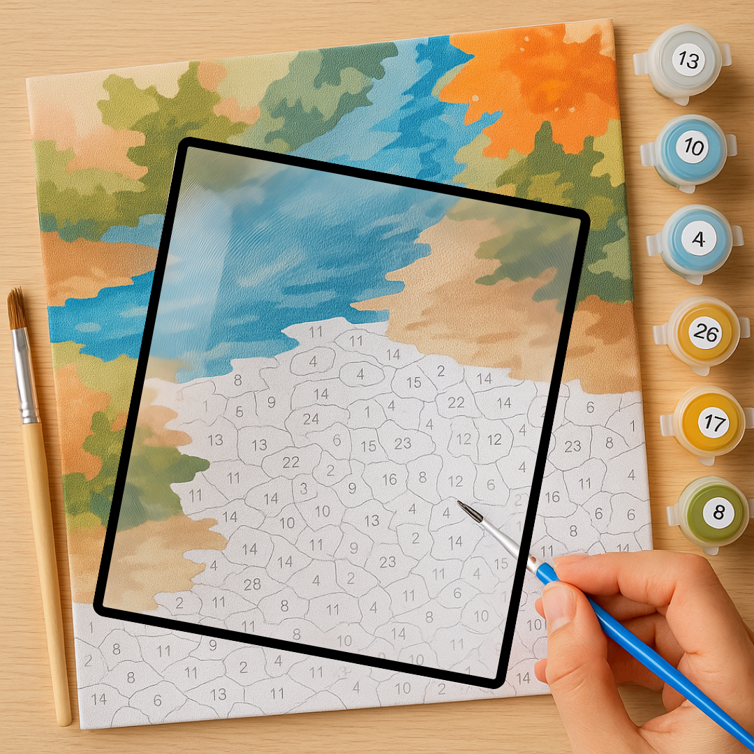 Color by number activity sheet with a hand holding a blue marker, surrounded by paint containers and a brush on a wooden surface.