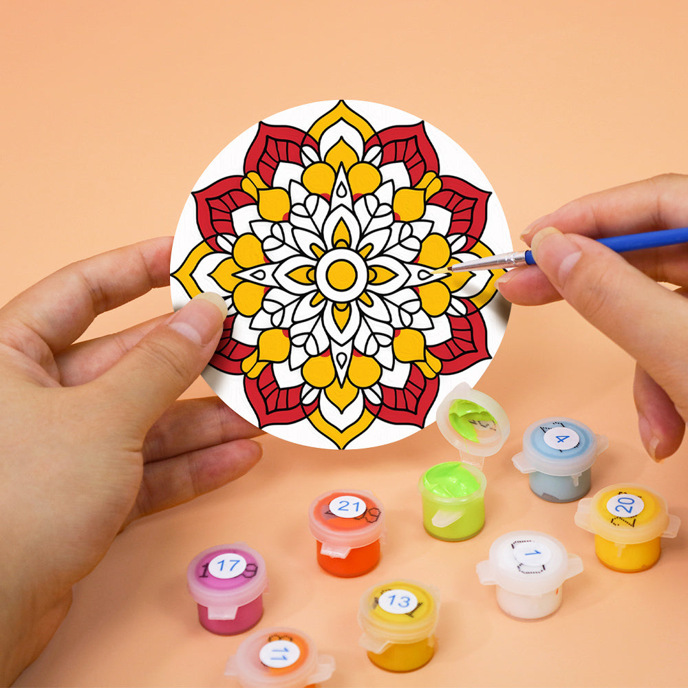 Step-by-step Mandala Magic Coasters paint by numbers project inspired by famous artists paintings techniques.