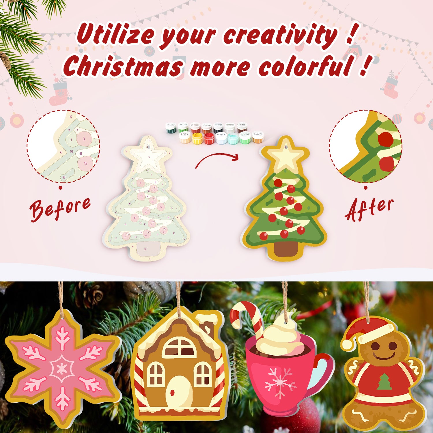 Adornos navideños decorativos con antes y después de la transformación sobre un fondo festivo.