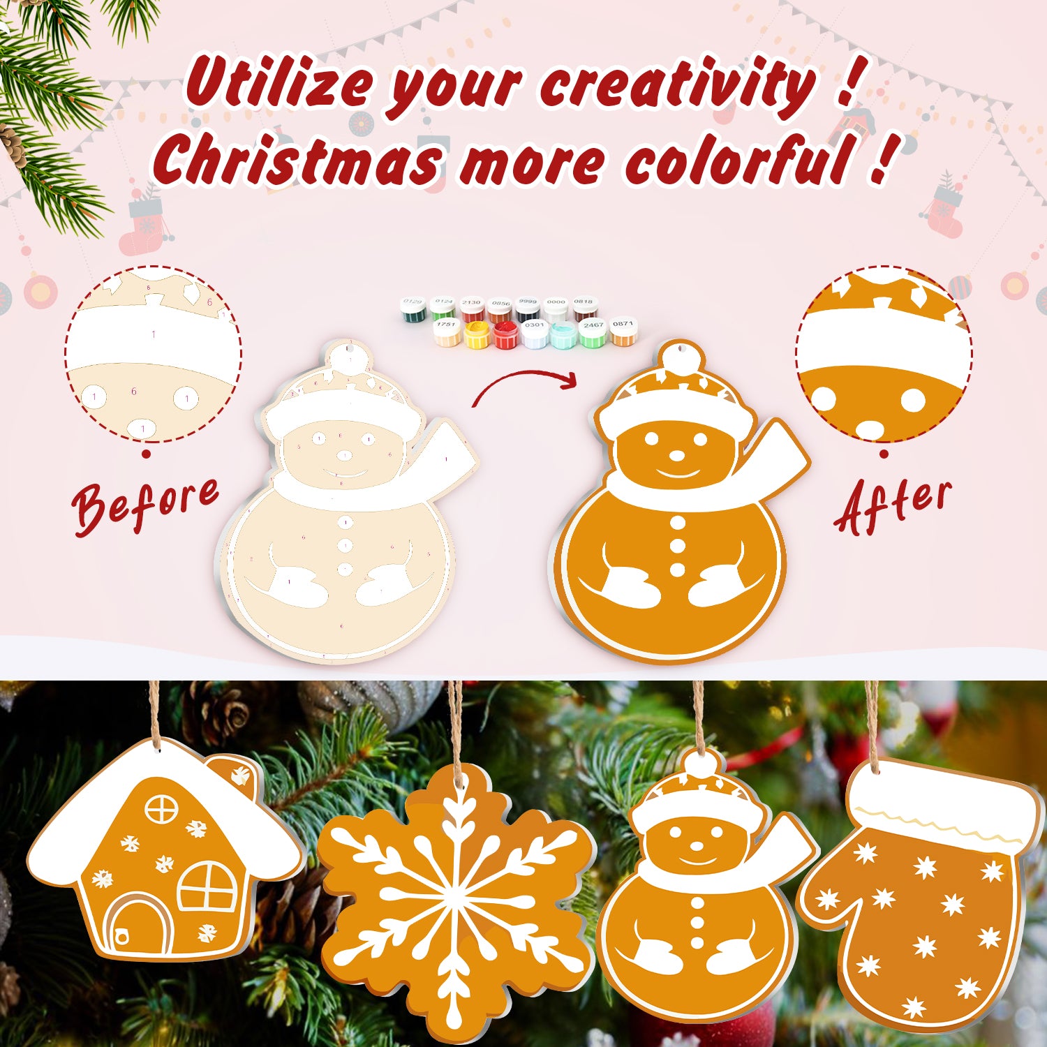 Avant et après transformation des décorations de Noël avec des options de peinture colorées sur fond festif.