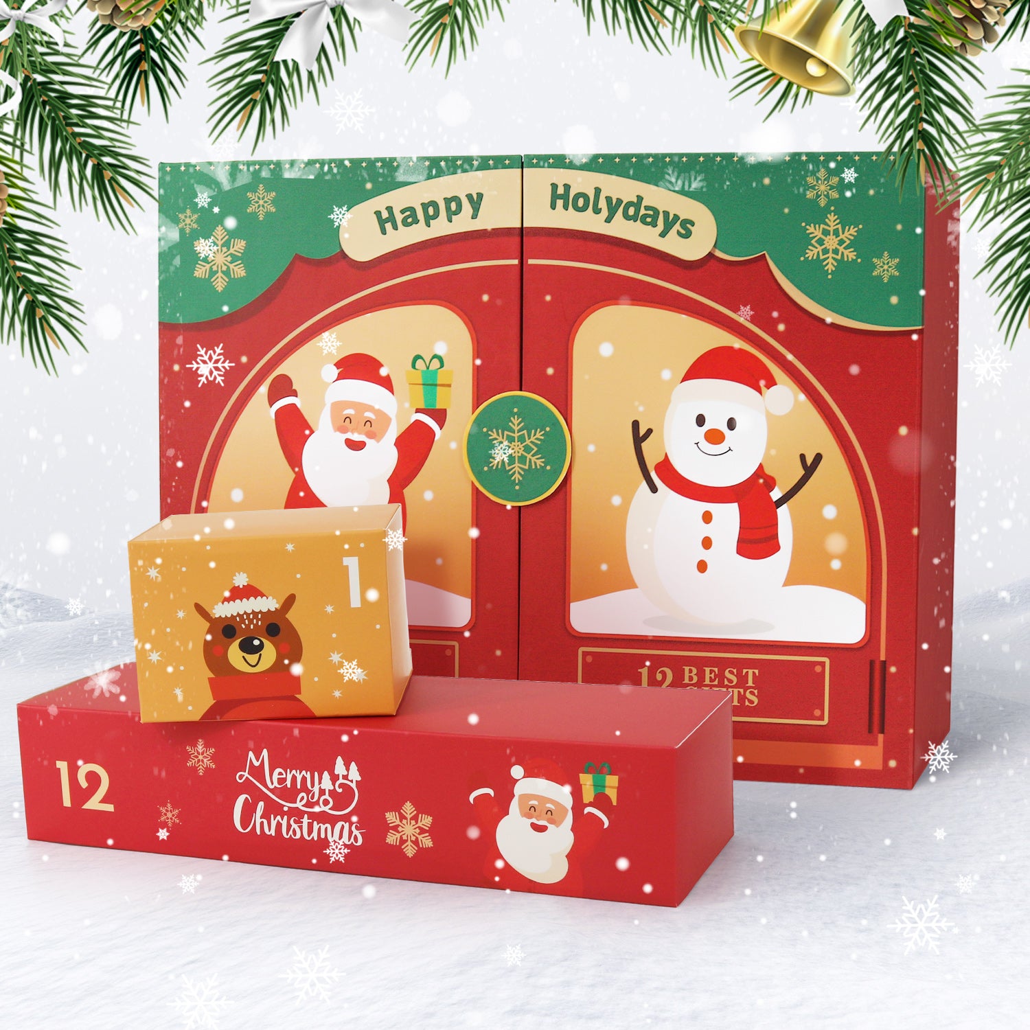 Advent calendar with Santa Claus, snowman, and reindeer design on a snowy background.