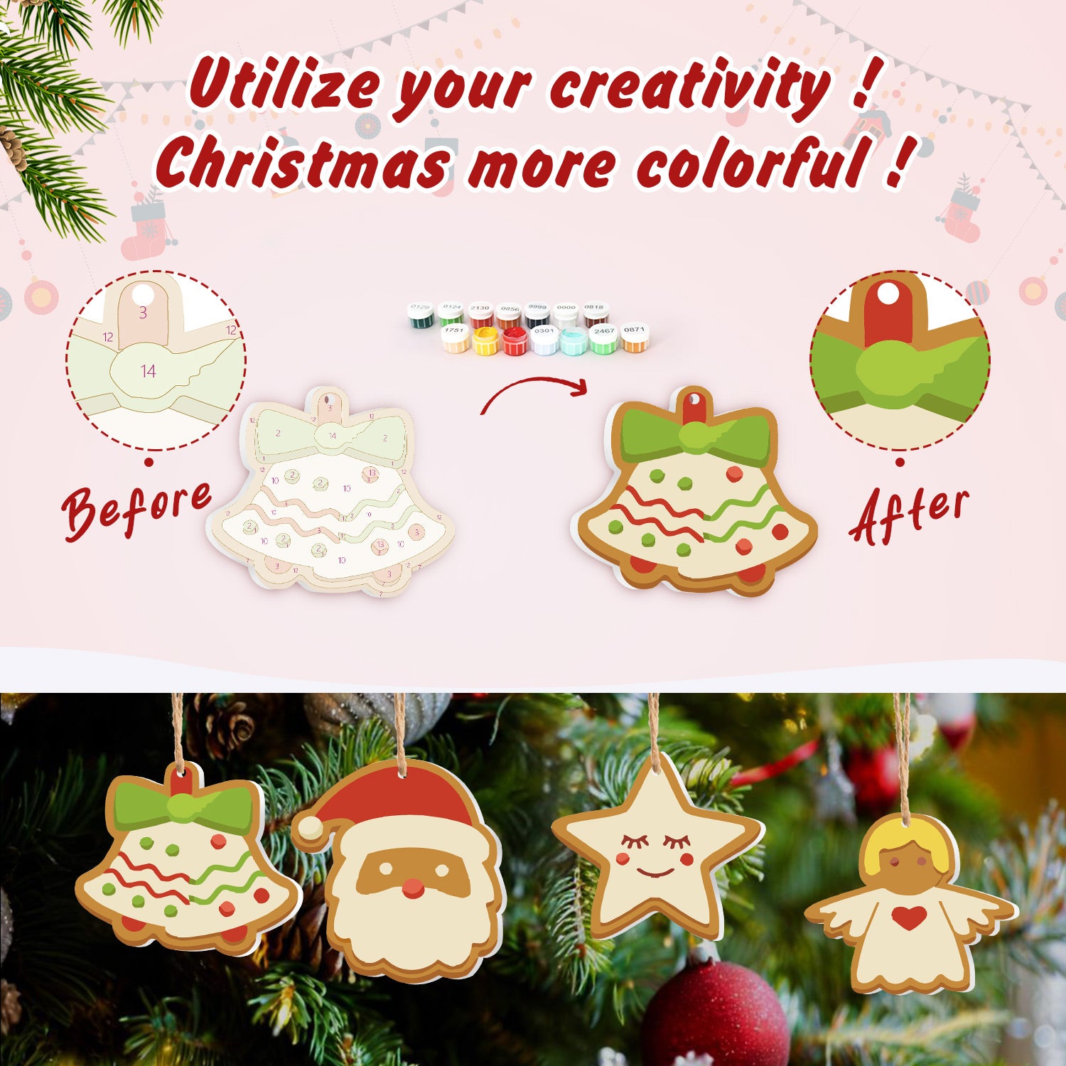 Before and after transformation of Christmas ornaments on a pink background with text.