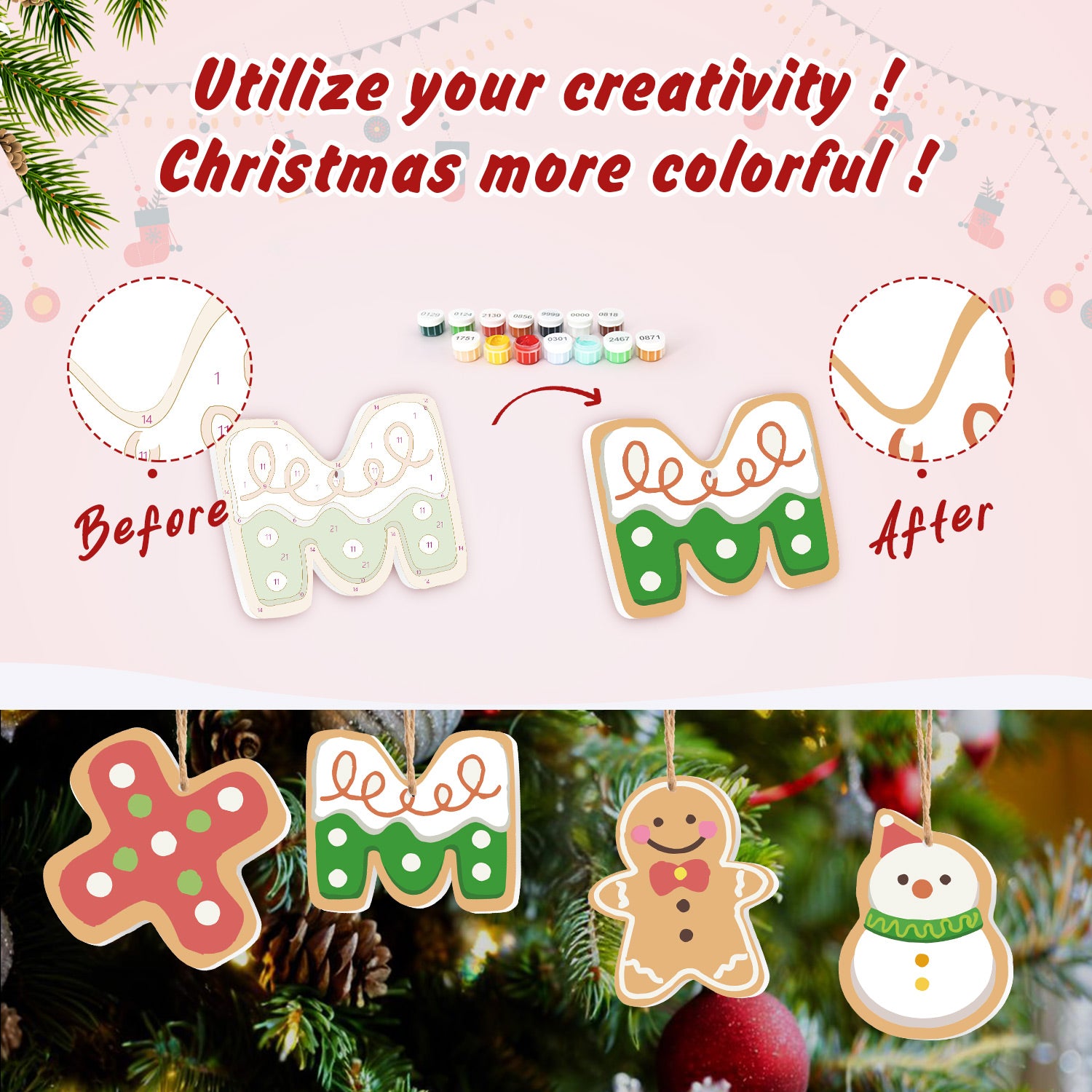 Antes y después de la comparación de adornos de letras navideñas sobre un fondo rosa con elementos festivos.