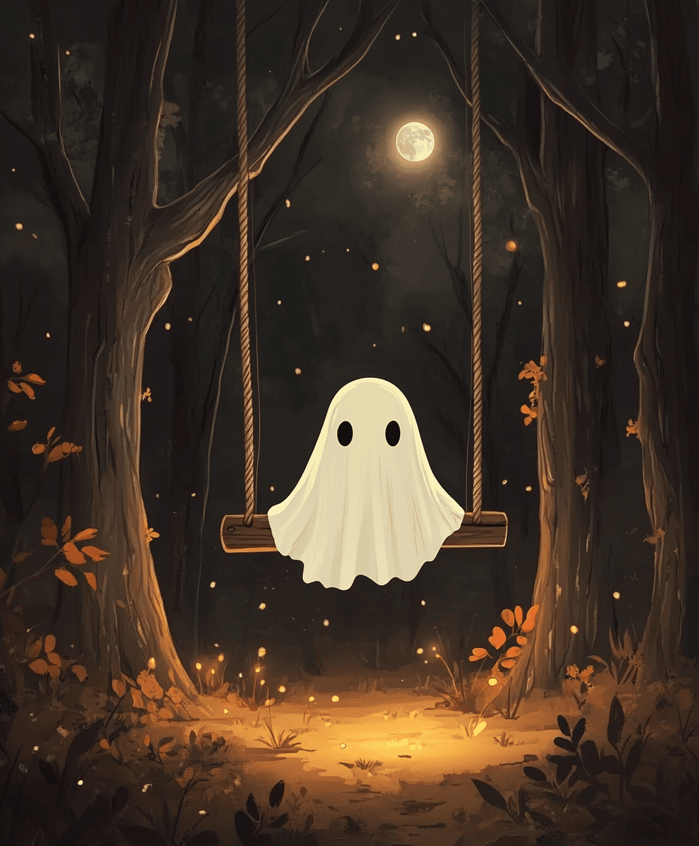 Un kit de pintura por números que representa un fantasma en un columpio en un bosque por la noche con la luna llena de fondo.