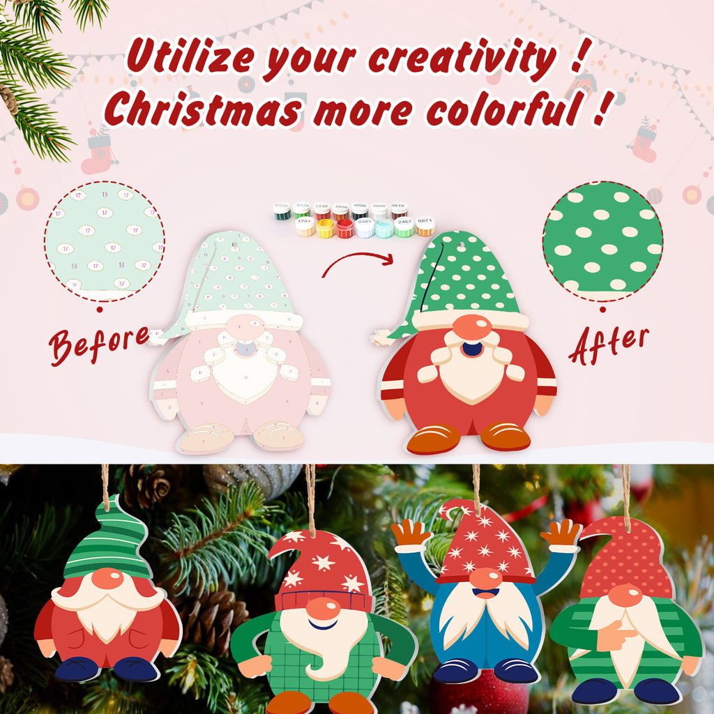 Before and after transformation of a Christmas gnome ornament with colorful paint options.