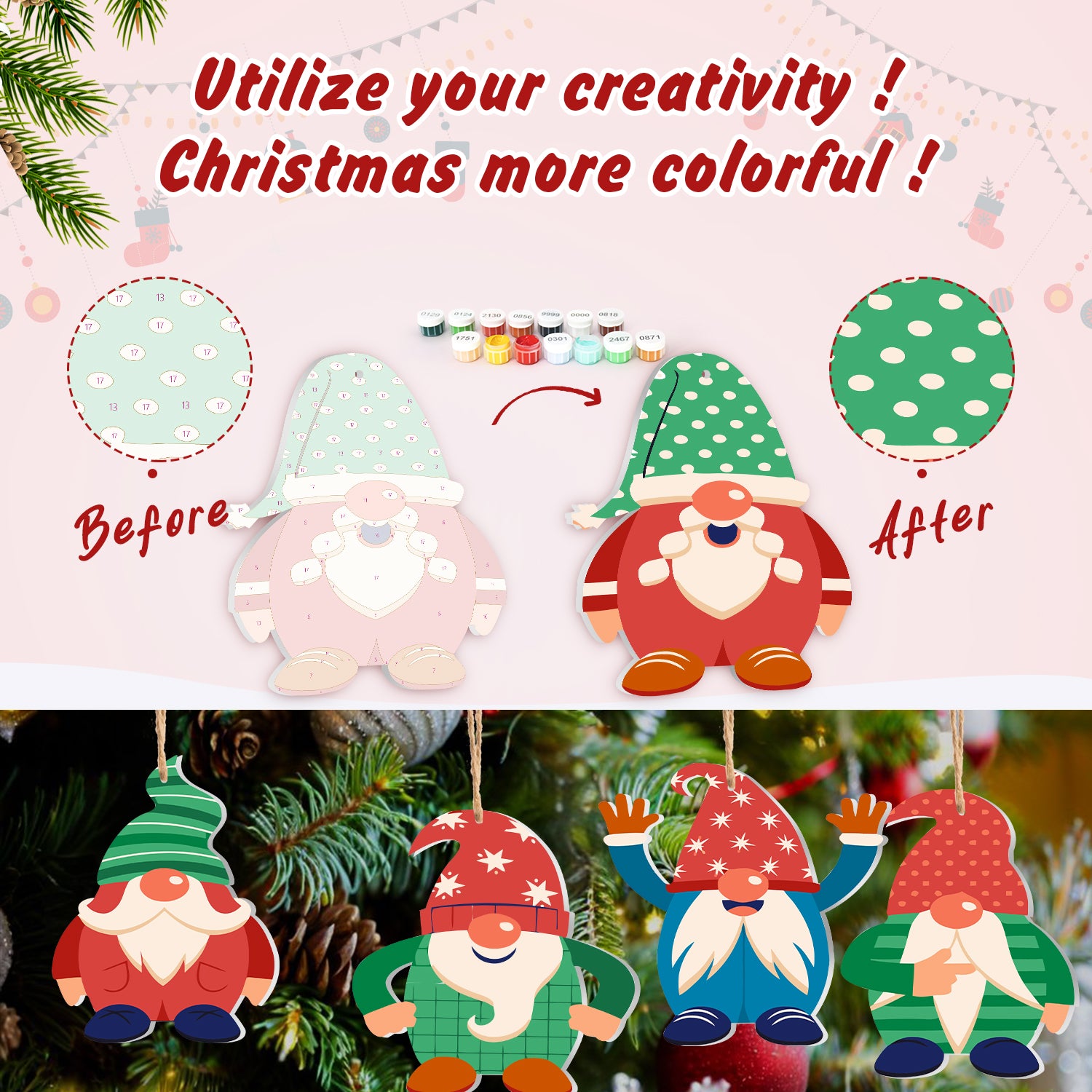 Before and after transformation of a Christmas gnome ornament with colorful paint options.