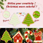 Before and after comparison of Christmas tree ornaments with text encouraging creativity.