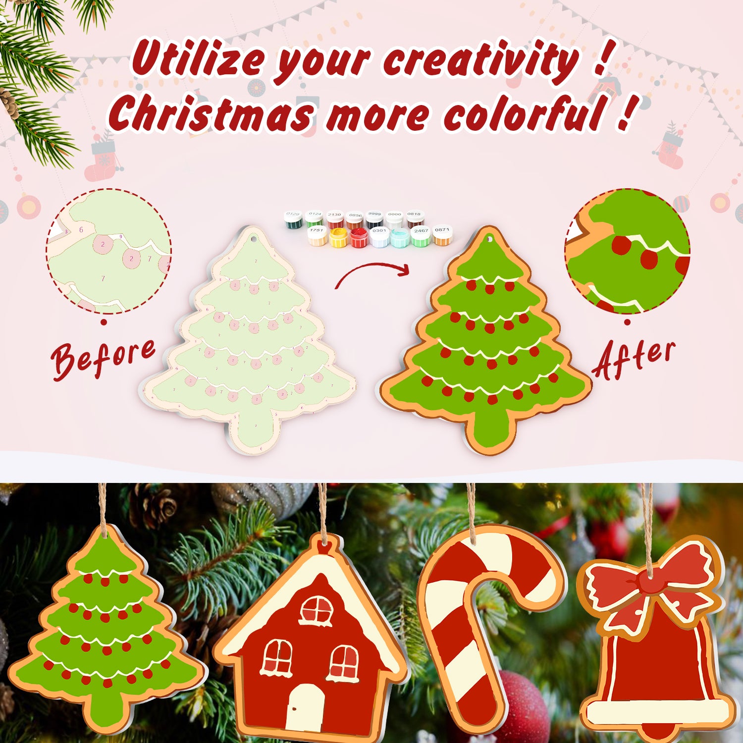Before and after comparison of Christmas tree ornaments with text encouraging creativity.
