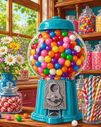 A turquoise gumball machine surrounded by colorful candy jars in a sunny shop.