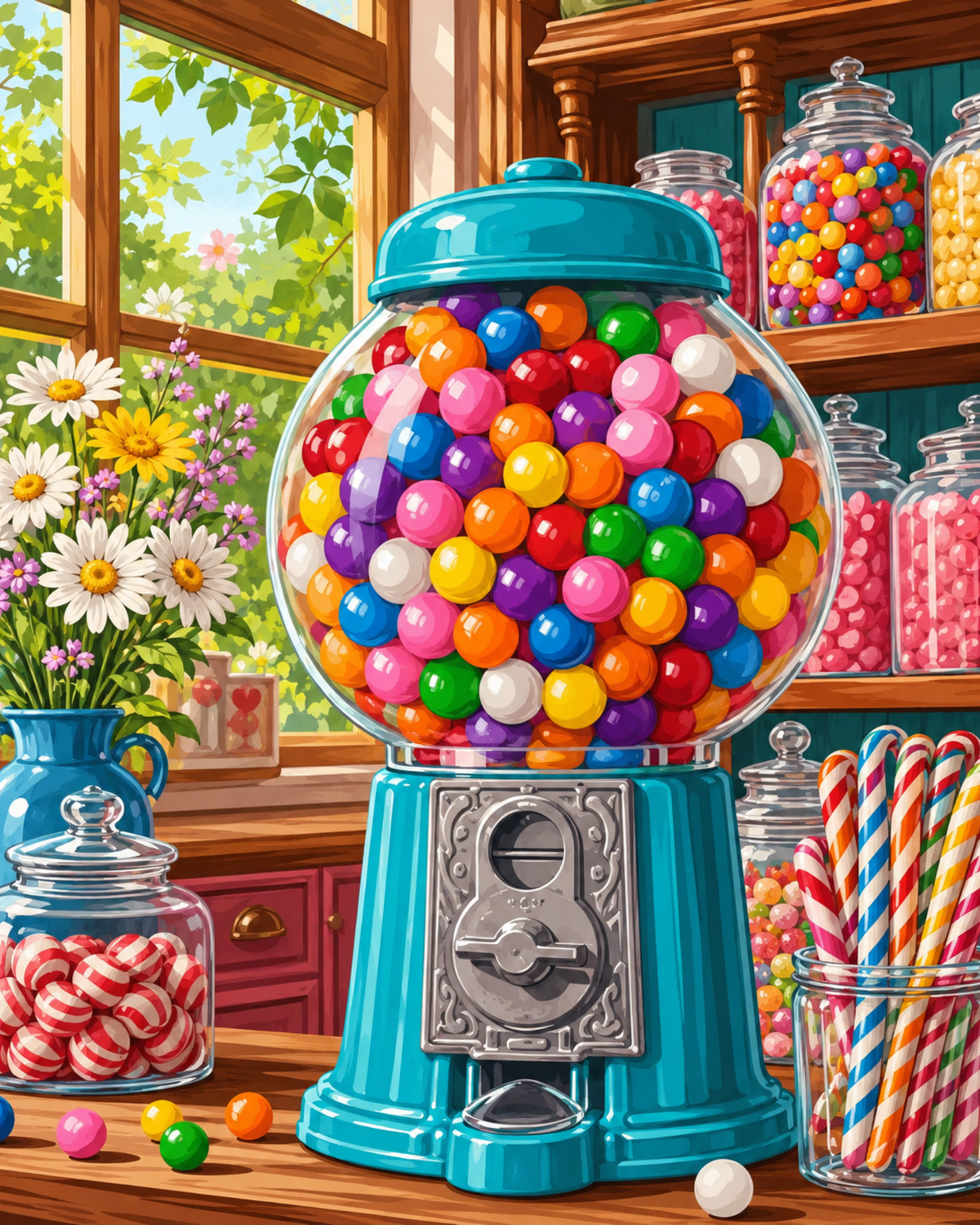 A turquoise gumball machine surrounded by colorful candy jars in a sunny shop.