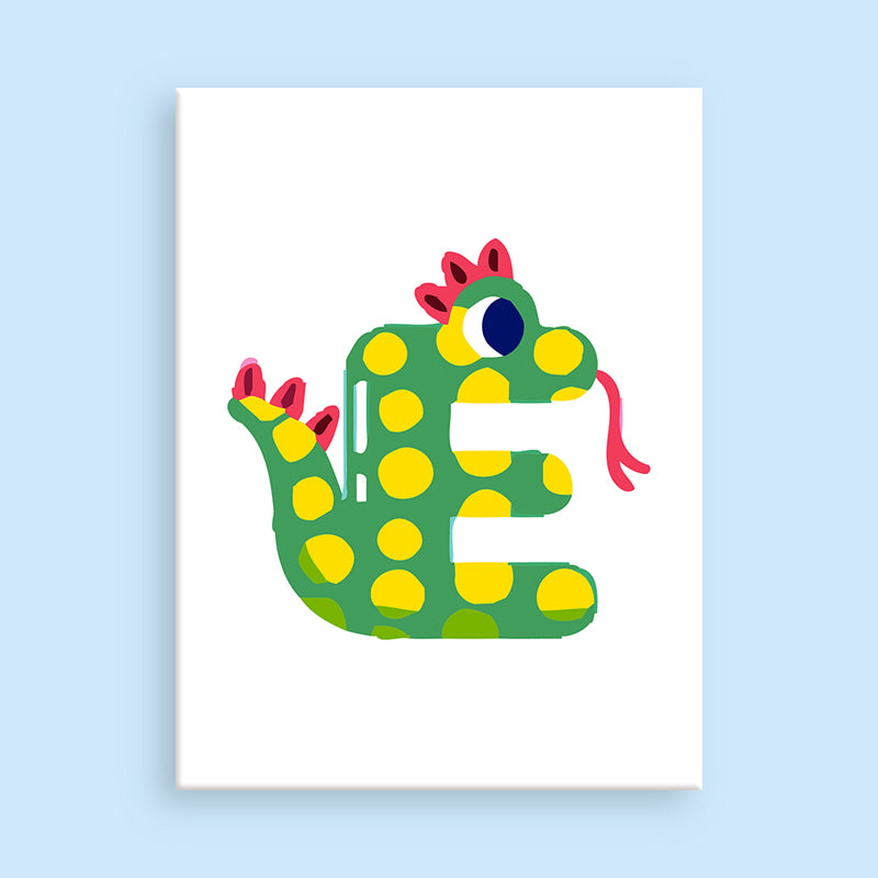 Colorful letter 'E' with a dragon design on a light blue background
