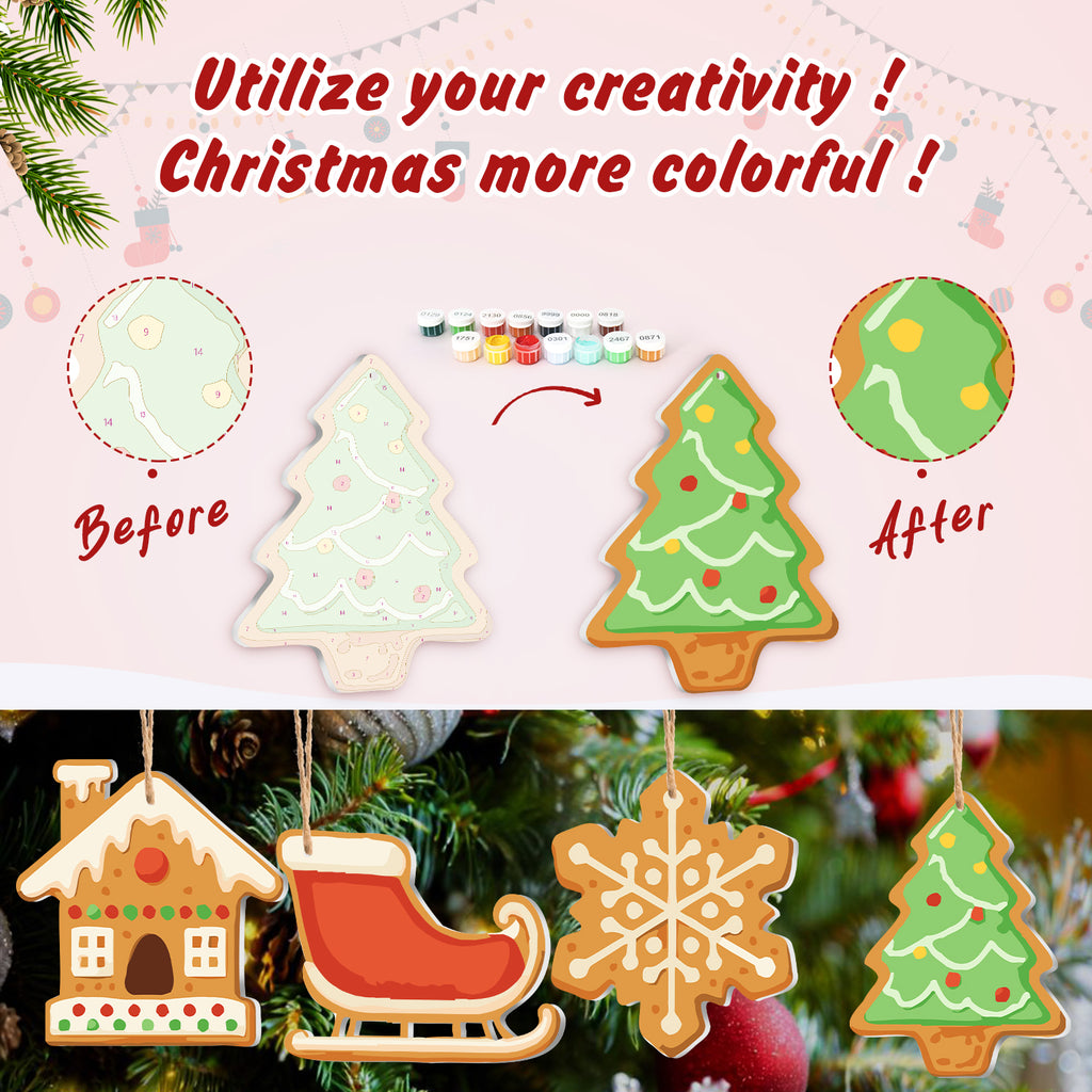 Decorative Christmas ornaments before and after coloring, with text encouraging creativity.