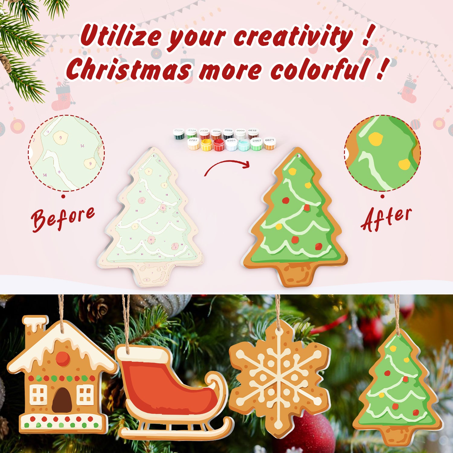 Decorative Christmas ornaments before and after coloring, with text encouraging creativity.