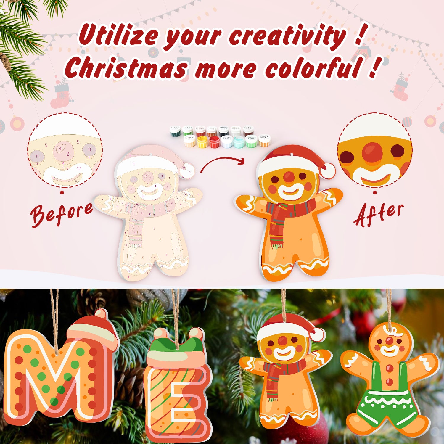 Antes y después de la transformación de la decoración de un muñeco de jengibre en un árbol de Navidad.