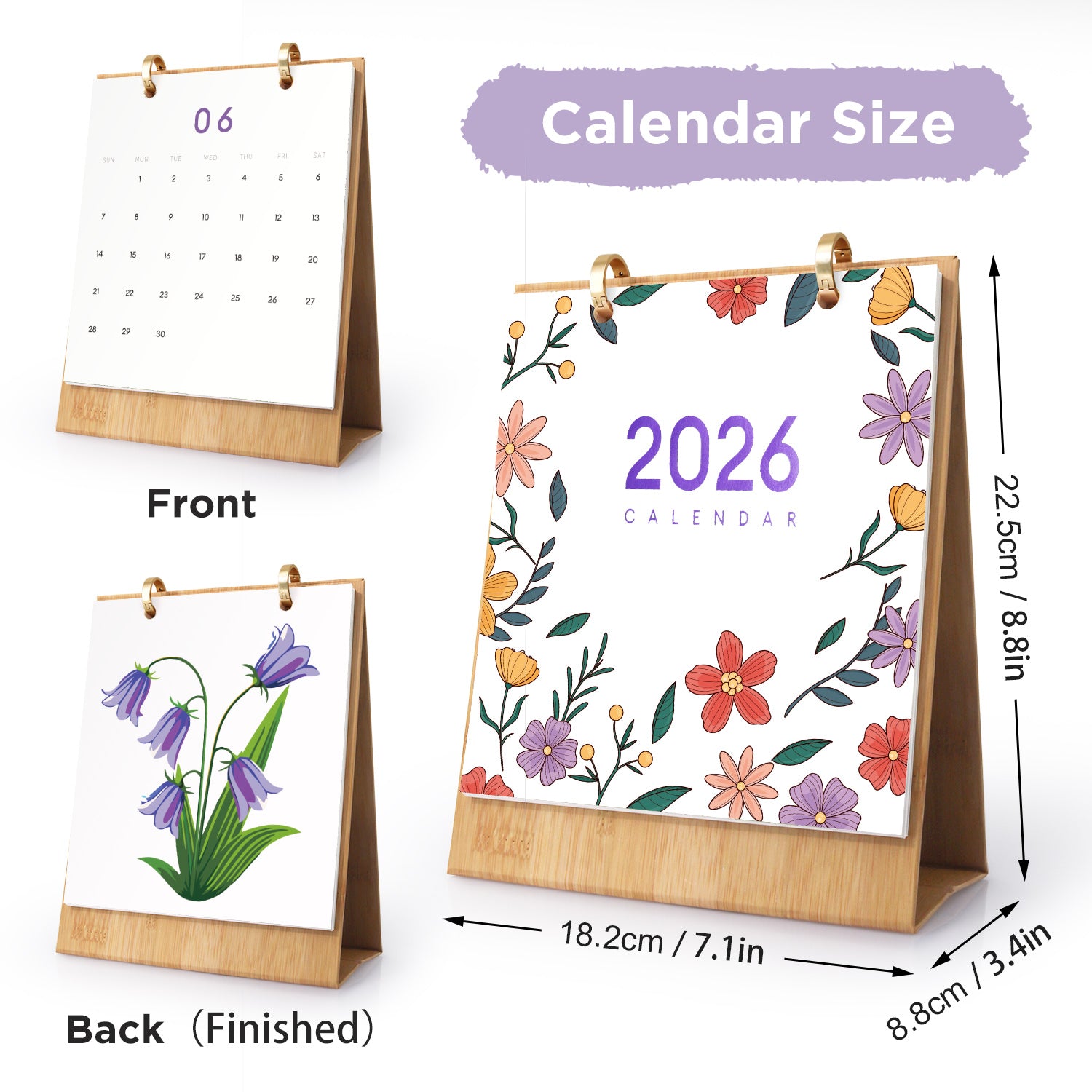 Floral 2026 calendar with front and back views and dimensions on a white background