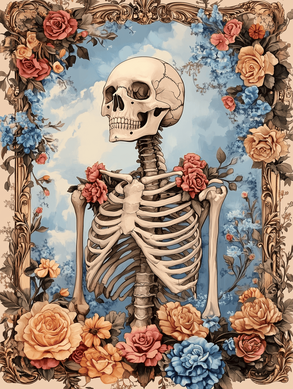 A paint by numbers kit depicting a skeleton with floral details against a blue background.