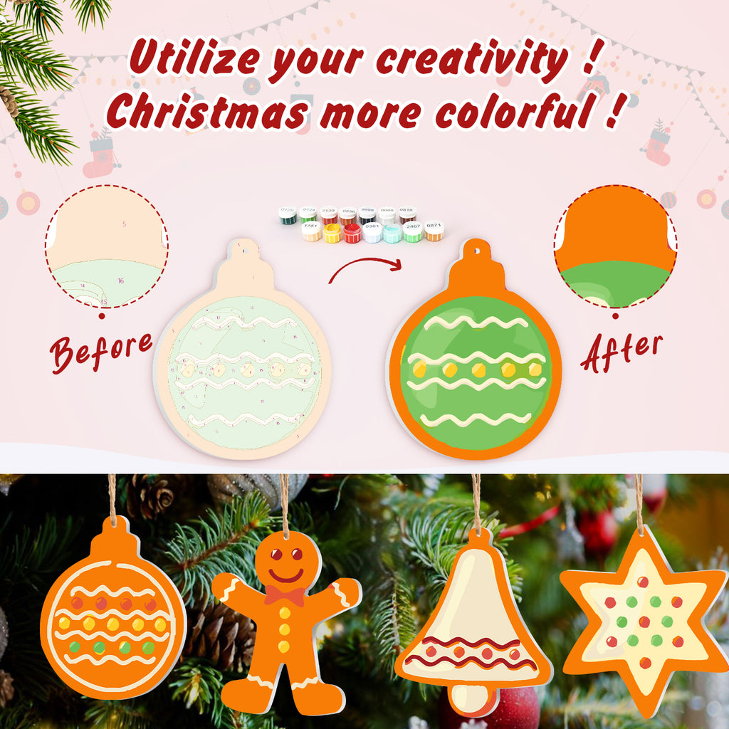 Decorative Christmas ornaments with before and after transformation on a festive background.
