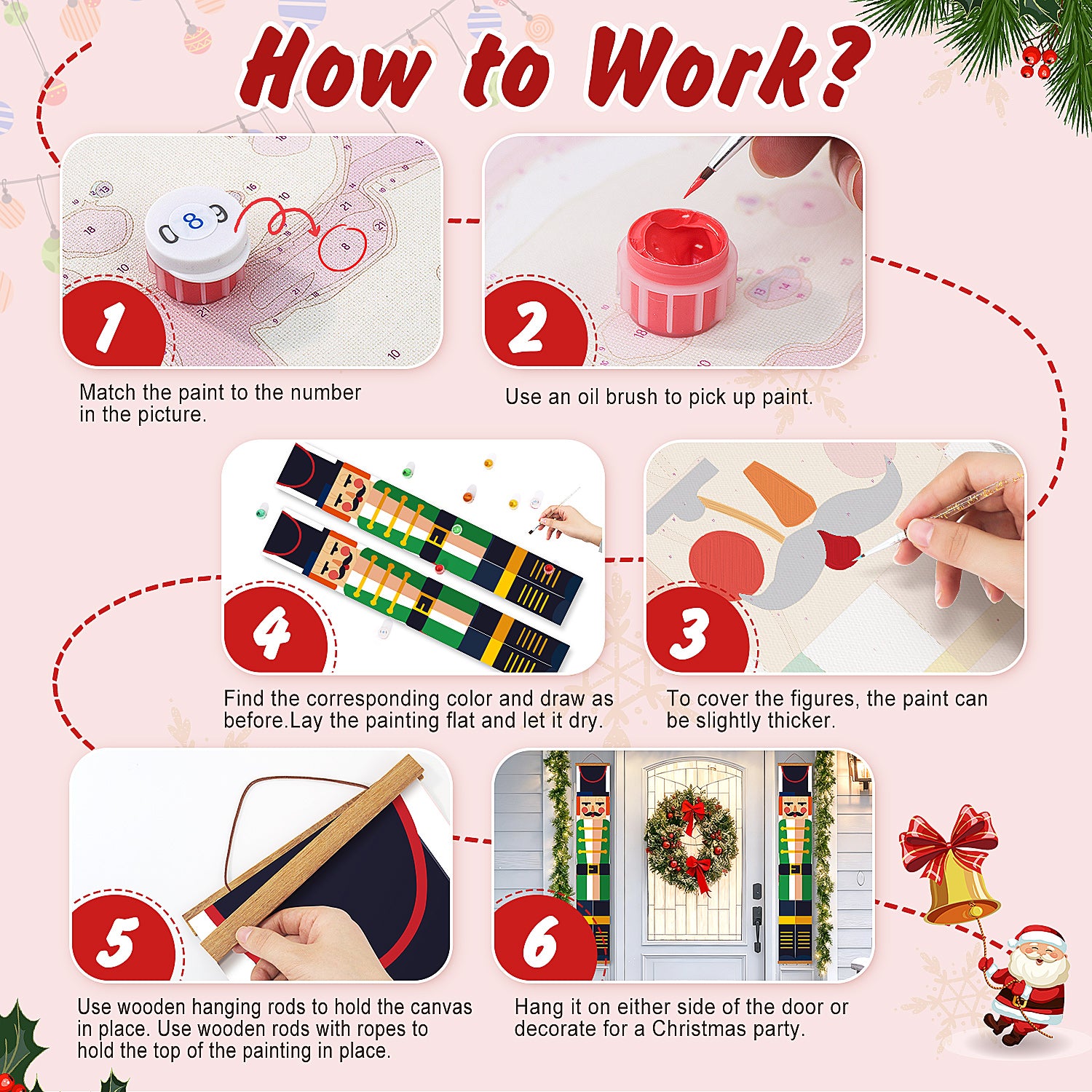 Step-by-step guide on how to use a paint kit with Christmas-themed instructions.