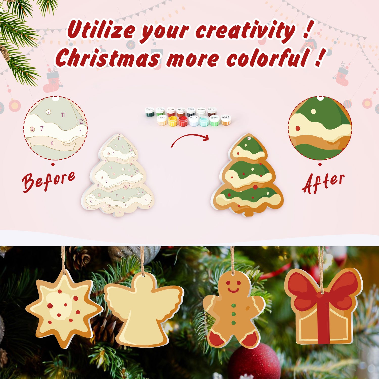 Before and after comparison of Christmas tree decorations with colorful paint options.