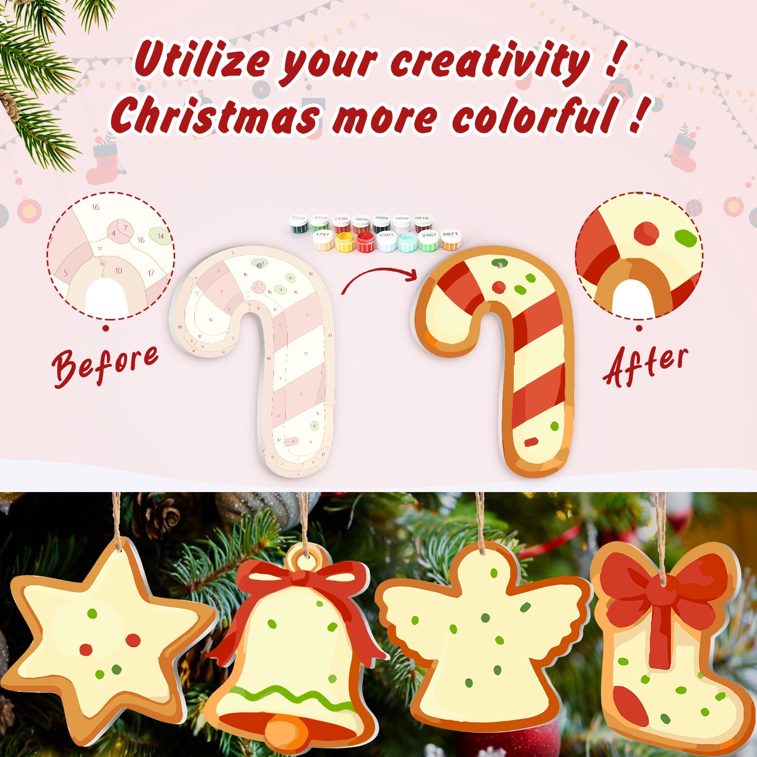 Avant et après transformation des décorations de Noël avec des éléments de design colorés.