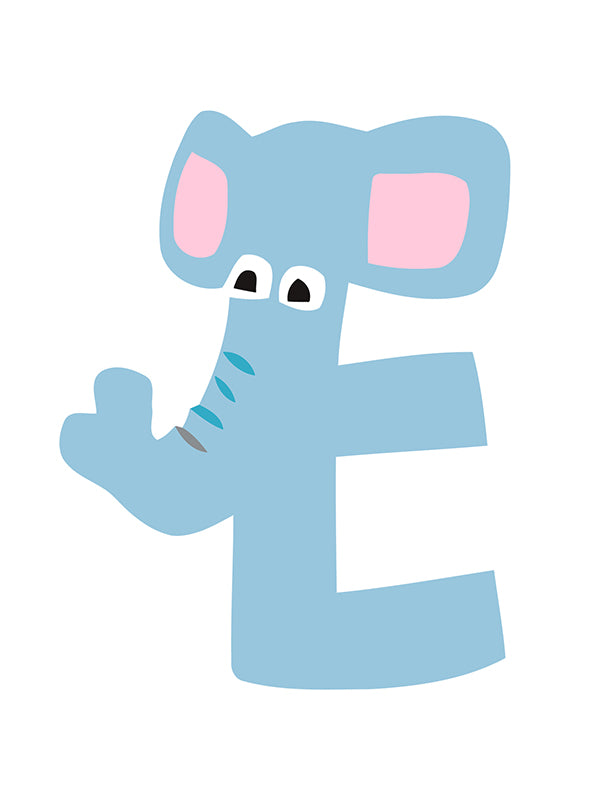 Blue elephant-shaped letter 'E' on a white background
