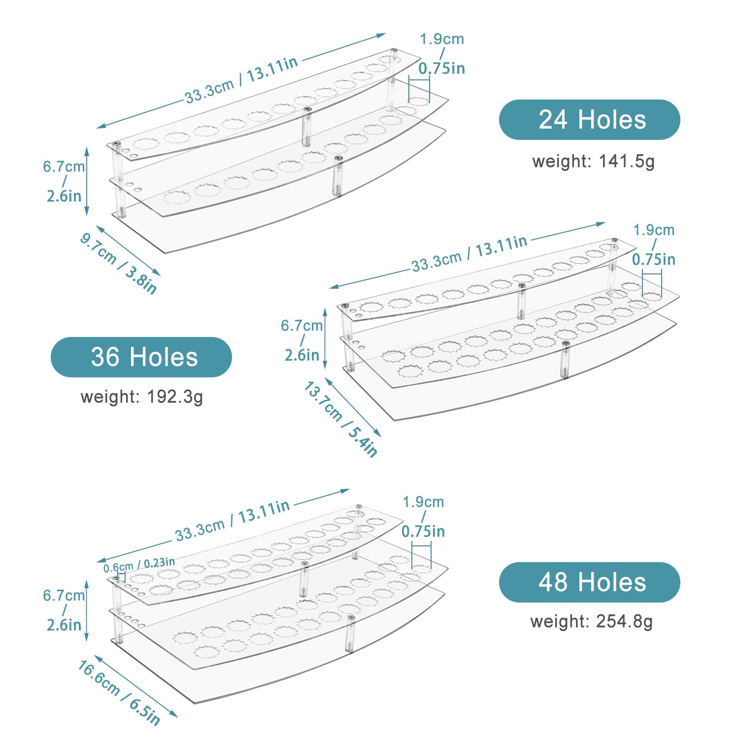 Measurement chart of different-sized test tube racks with dimensions and weights.