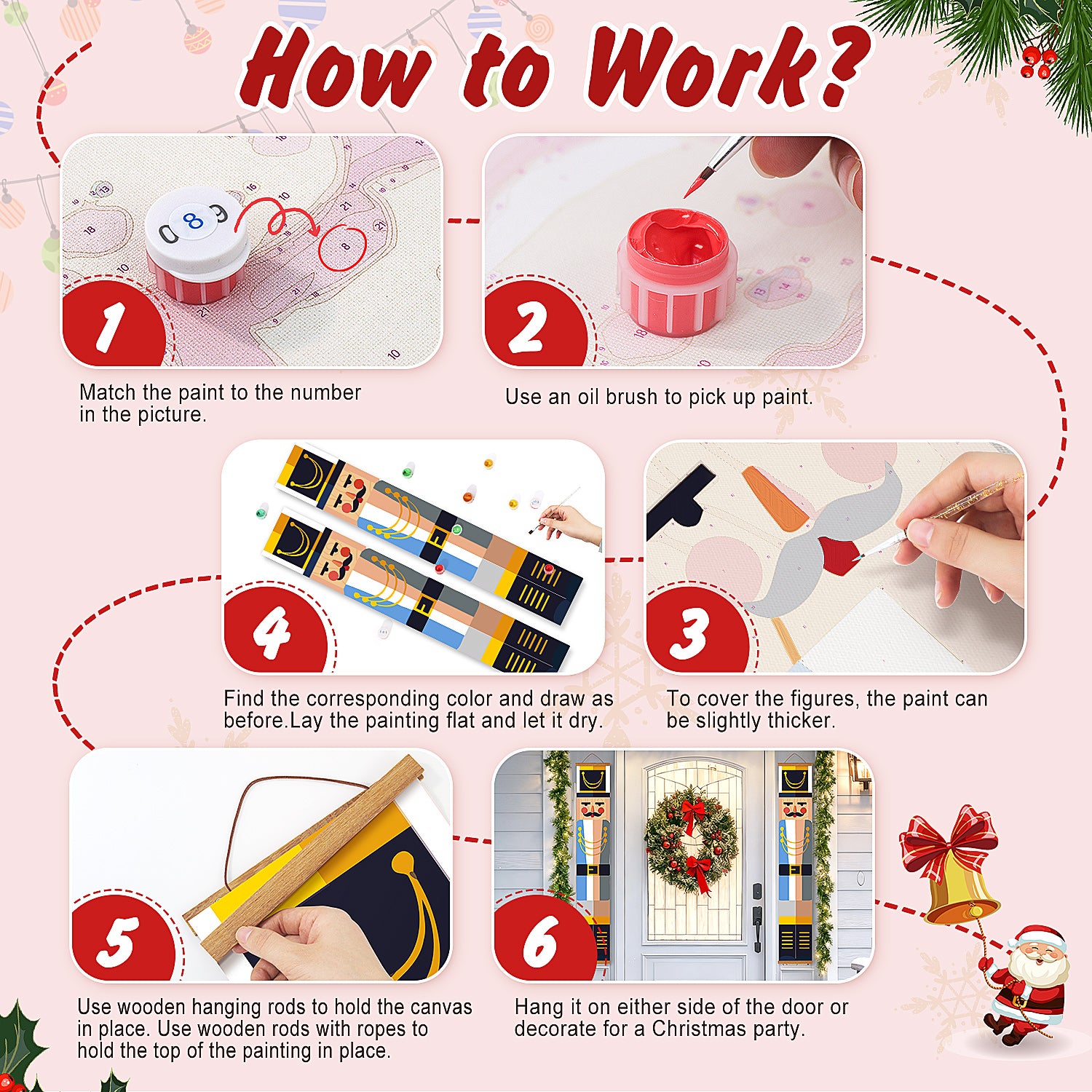 Step-by-step guide on how to use a paint kit for decorative purposes, with illustrations and text.