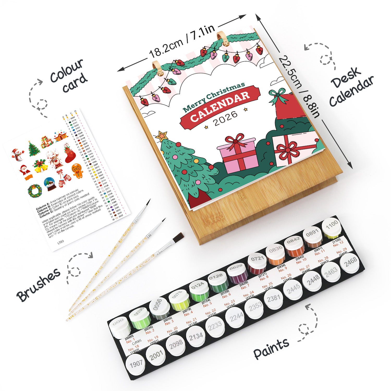 Weihnachtskalenderset mit Farbe, Pinseln und Farbkarte auf weißem Hintergrund