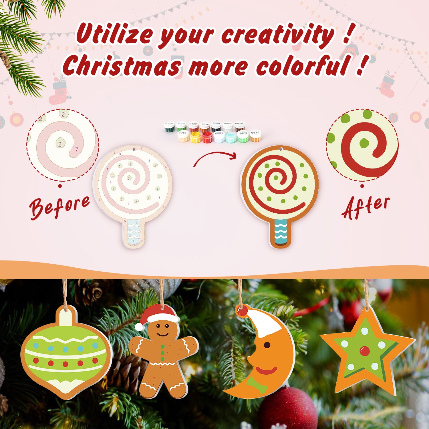 Before and after comparison of Christmas ornaments on a decorated tree with text encouraging creativity.
