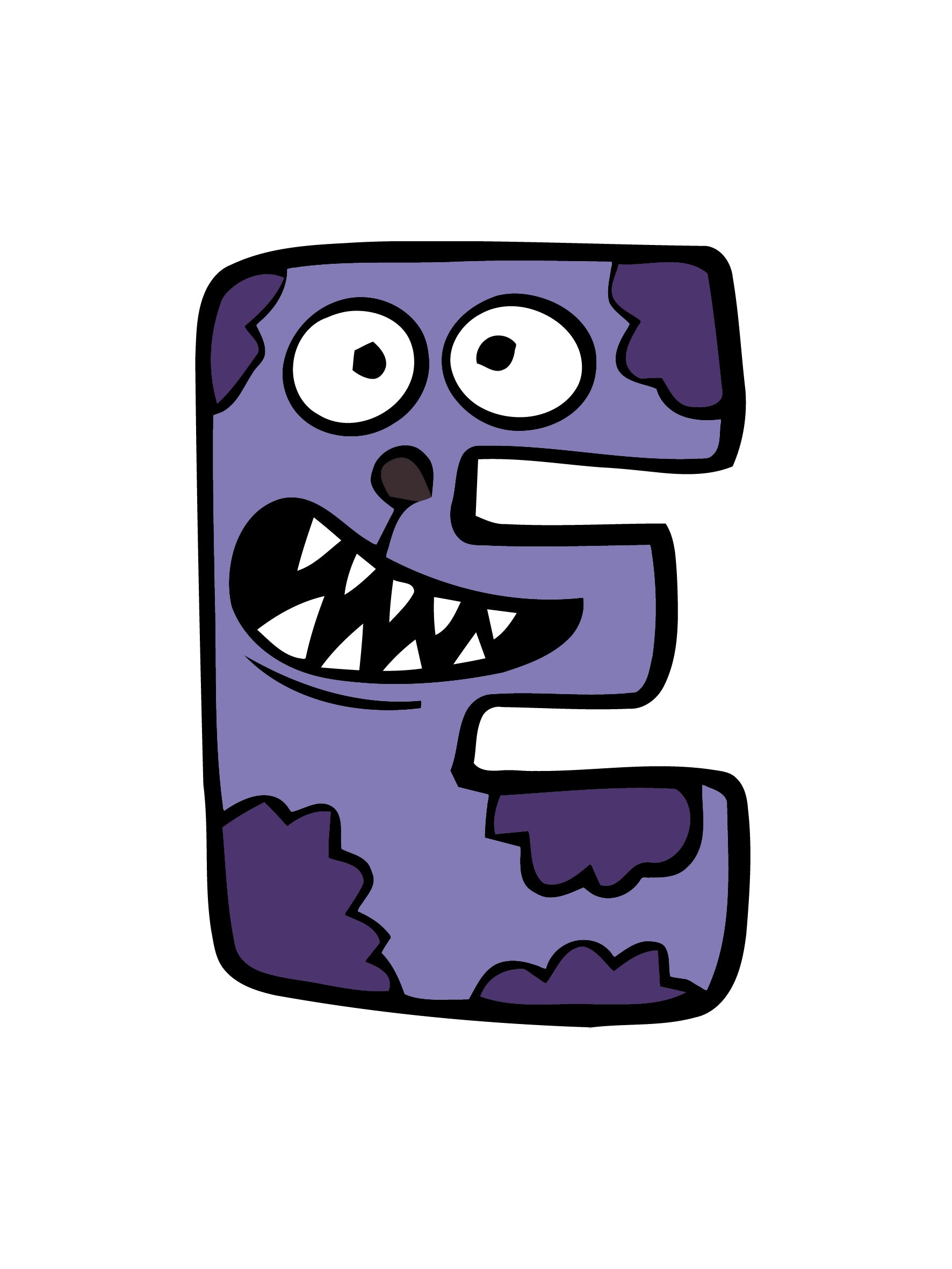 Purple cartoon letter 'E' with a face on a white background