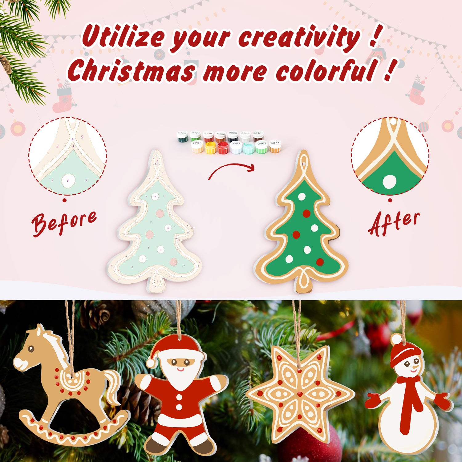 Before and after comparison of Christmas tree ornaments with colorful paint options.