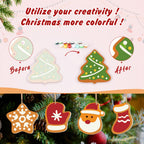Before and after comparison of Christmas tree ornaments with color swatches and text encouraging creativity.