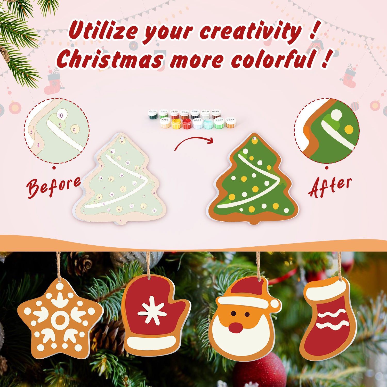 Before and after comparison of Christmas tree ornaments with color swatches and text encouraging creativity.