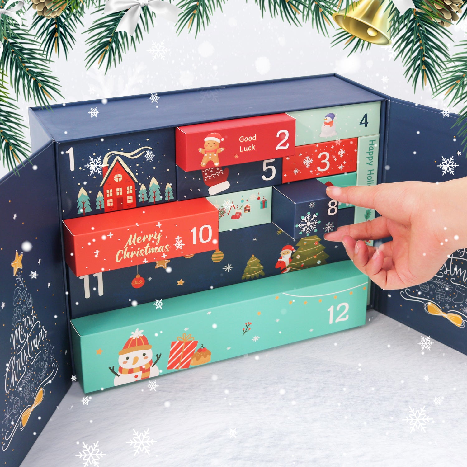 Christmas advent calendar with festive design and hand pointing to a number