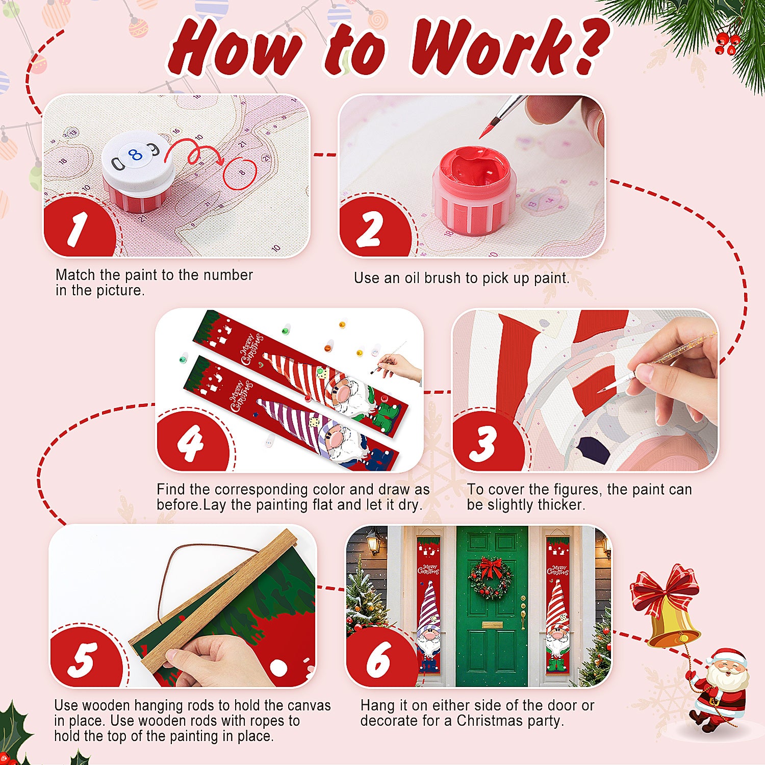 Step-by-step guide for a Christmas-themed door decoration with illustrations and text.