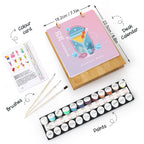 Artistic set with calendar, color card, brushes, and paint set on a white background