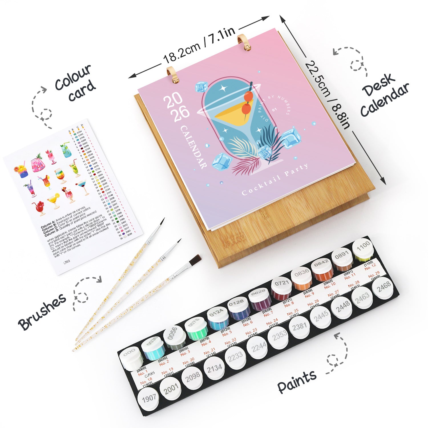 Artistic set with calendar, color card, brushes, and paint set on a white background