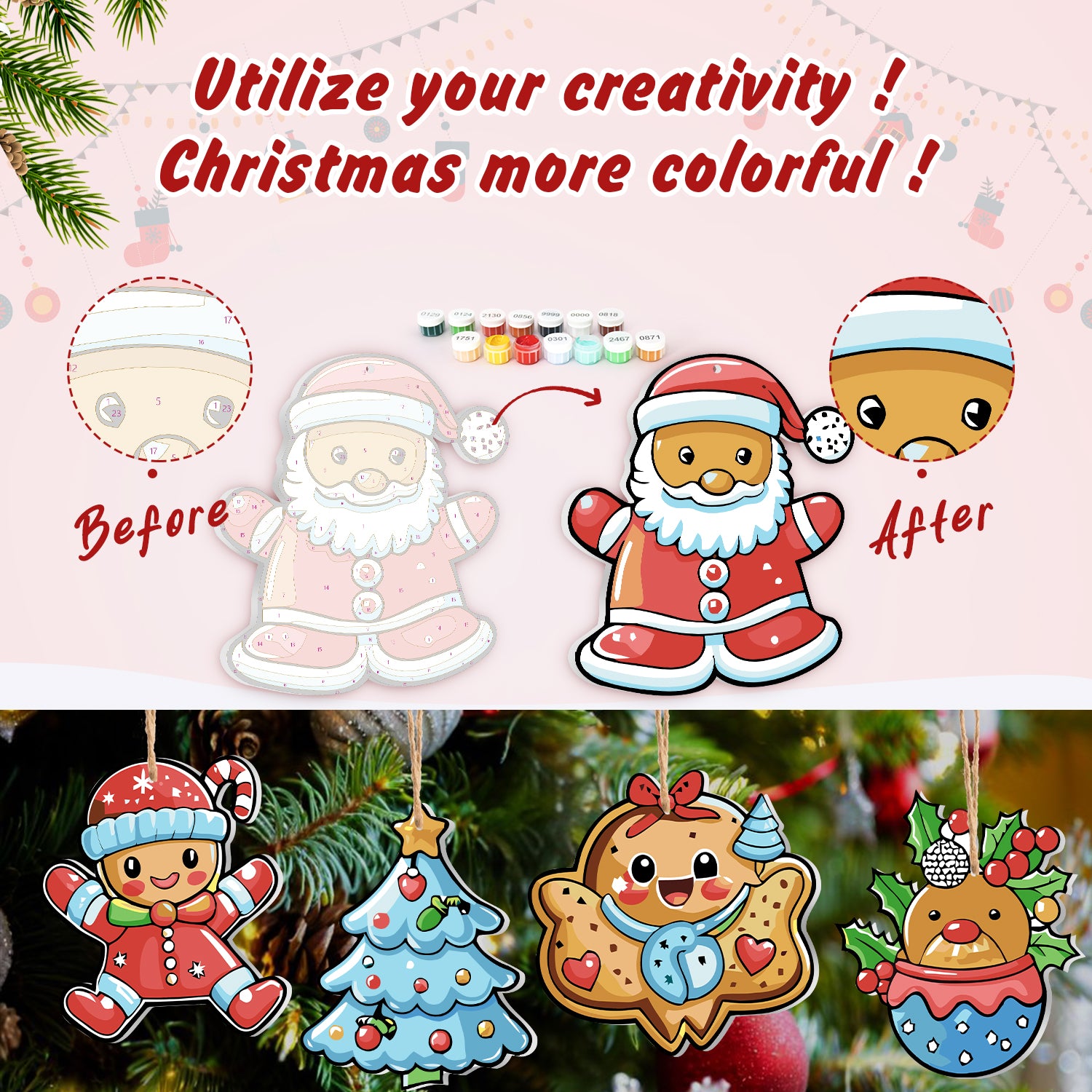 Antes y después de la transformación de un adorno navideño con elementos de diseño coloridos.